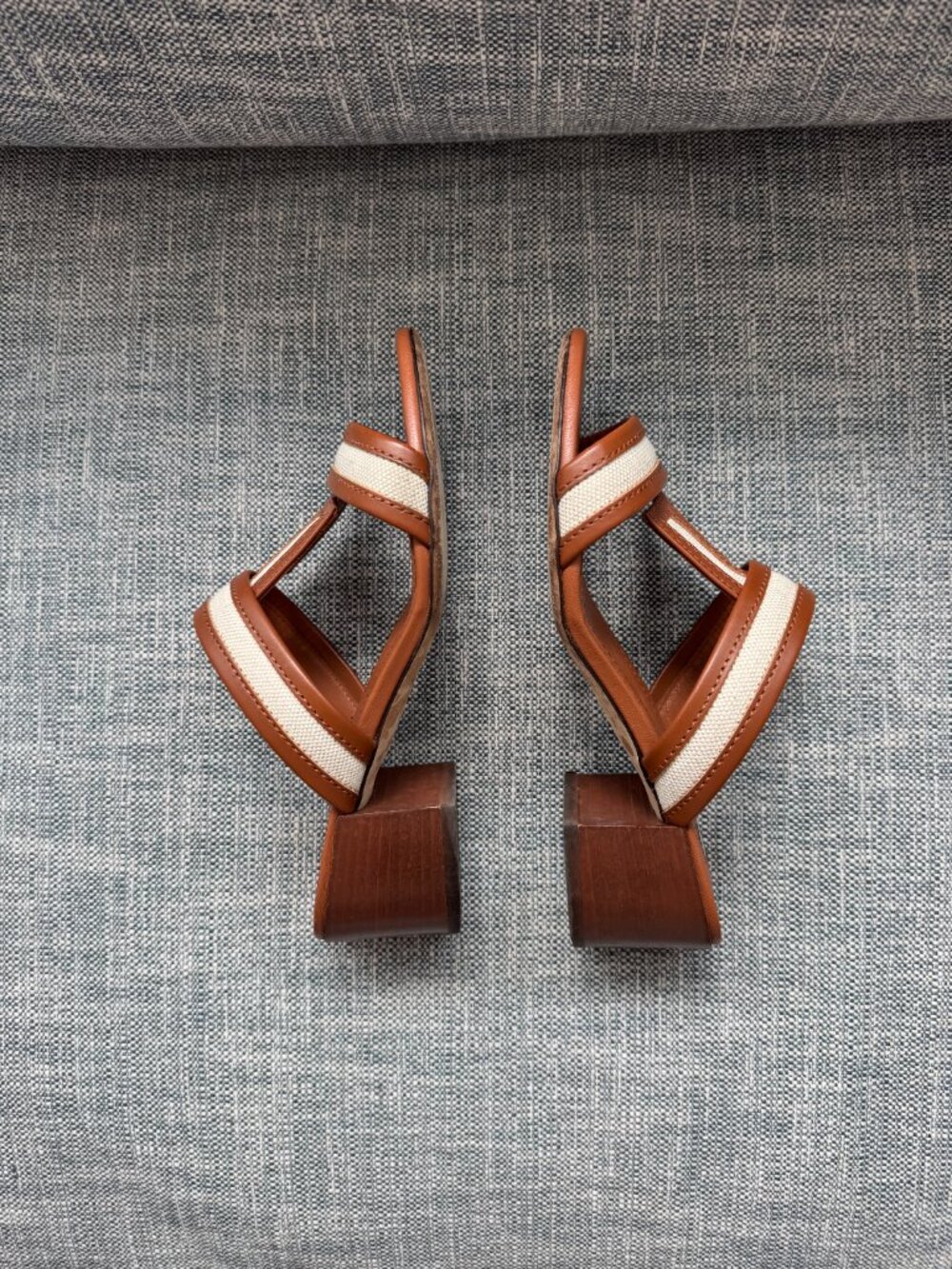Tod's Double T Heeled Sandal | Brown Leather & Ivory White Canvas | Size 36 6 - Picture 10 of 10
